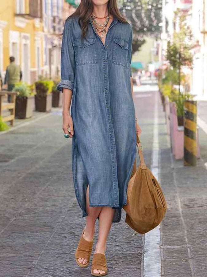 Damska elegancka dżinsowa spódnica koszulowa z rozcięciami po bokach